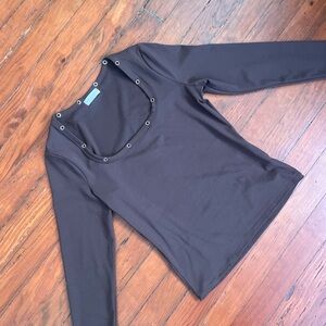 Brown Grommet Neck Long Sleeve Top